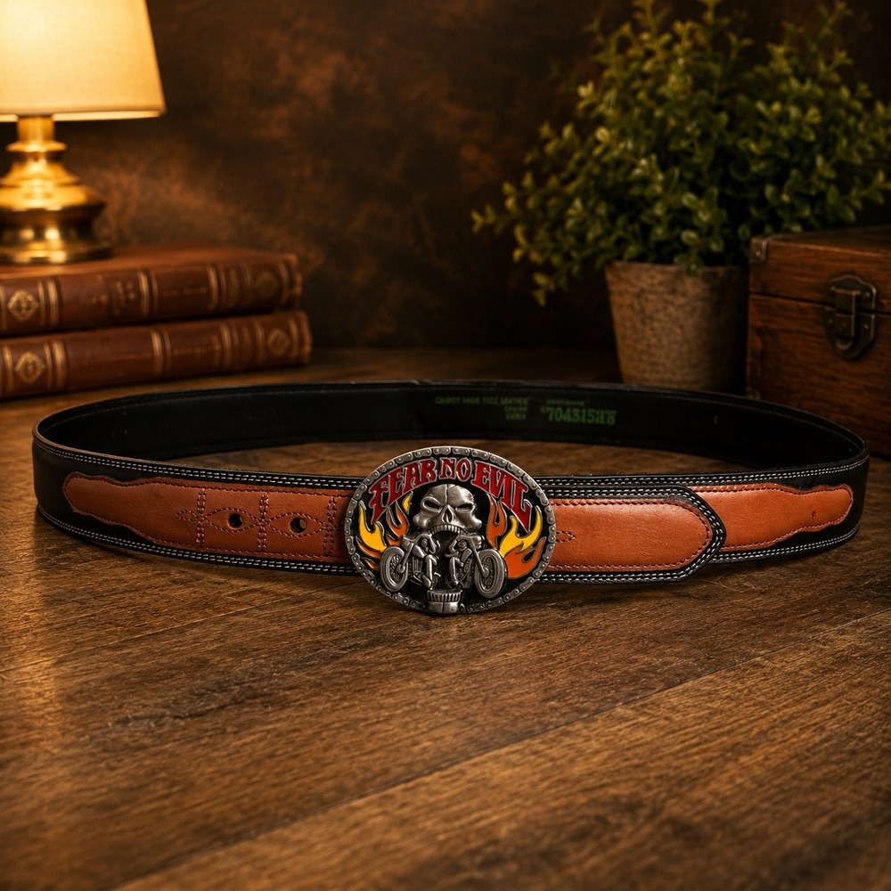 Vintage Motorcycle‎ Leather Belt Fear No Evil Skull Buckle Black Brown Mens 42